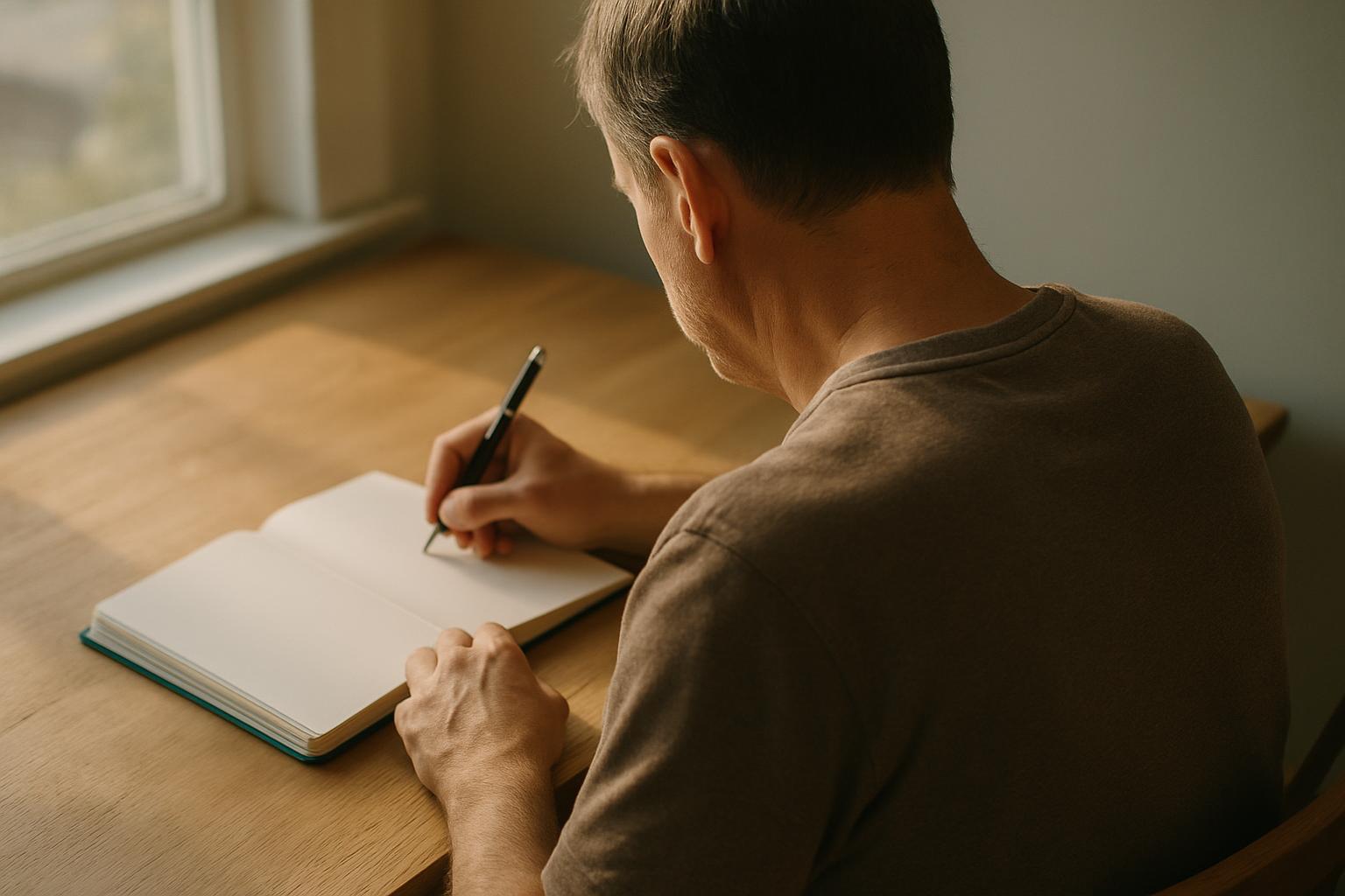 An adult writing in a notebook at a desk, seen from behind.